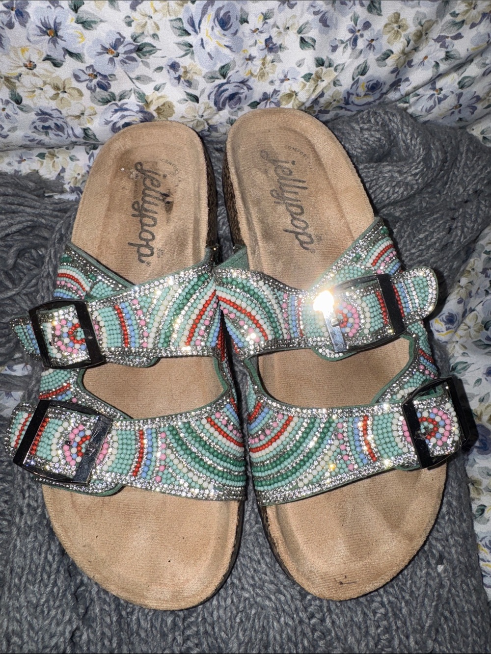 Jellypop Women's Beaded Double Buckle Sandals - Mint Multi